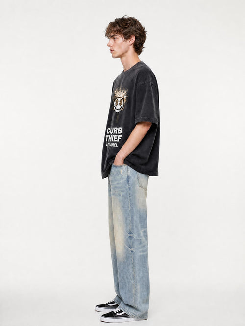 "CURB"  Hand-Frayed 100% Cotton Vintage Washed T-Shirt